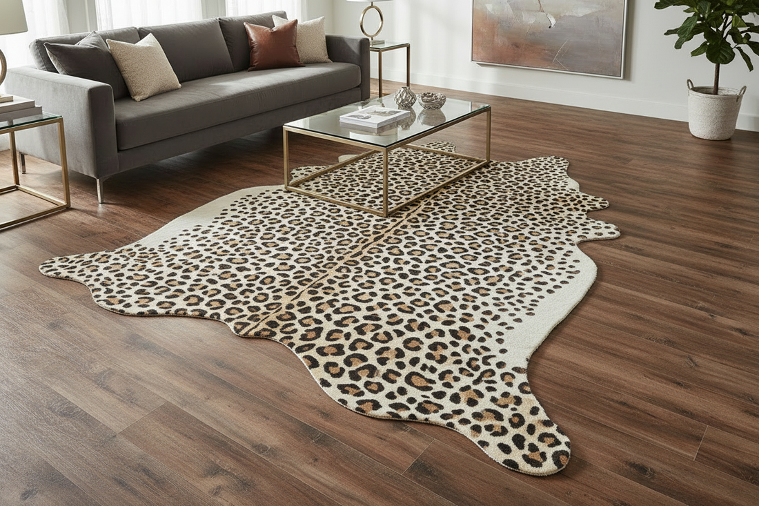 Pairing Faux Animal Skin Patterned Area Rugs & Wood Look Flooring for a Bold, Western Look